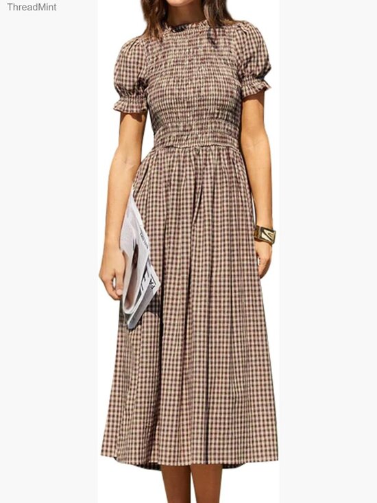 Dresses & Skirts - Smocked Puff Sleeve Midi Dress, Flowy A-Line Boho Sundress